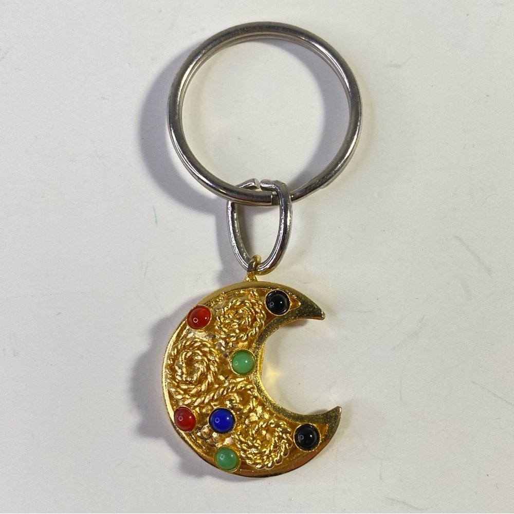 Vintage Crescent Moon Keychain with Colorful Stones - Picture 1 of 4
